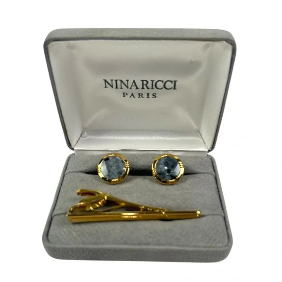 Nina Ricci Paris Gold and Blue Cufflinks with Tie Clip - Picture 1 of 5